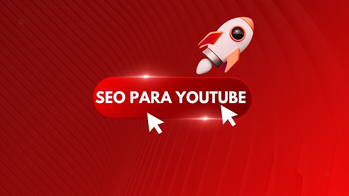 “Ilustração em fundo vermelho com botão escrito SEO para YouTube e foguete simbolizando crescimento de vídeos na plataforma.