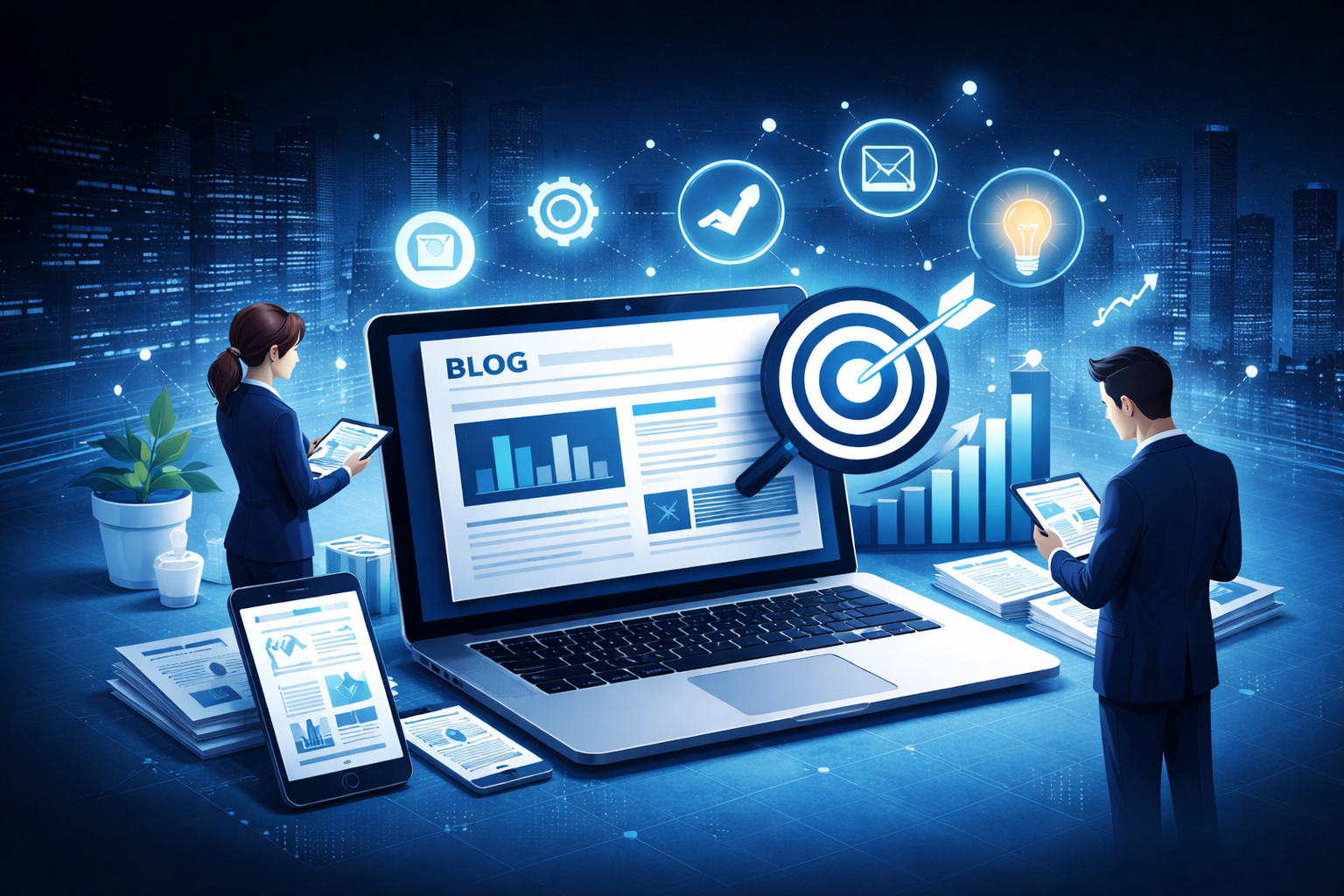 Ilustração sobre blog corporativo, estratégia de conteúdo e geração de leads B2B