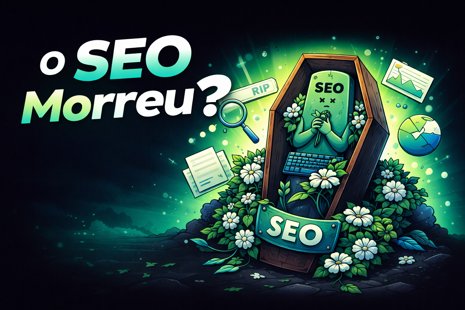 Ilustração conceitual com caixão simbolizando o “fim do SEO”, em tons de verde e azul, representando a evolução do SEO na era da inteligência artificial.