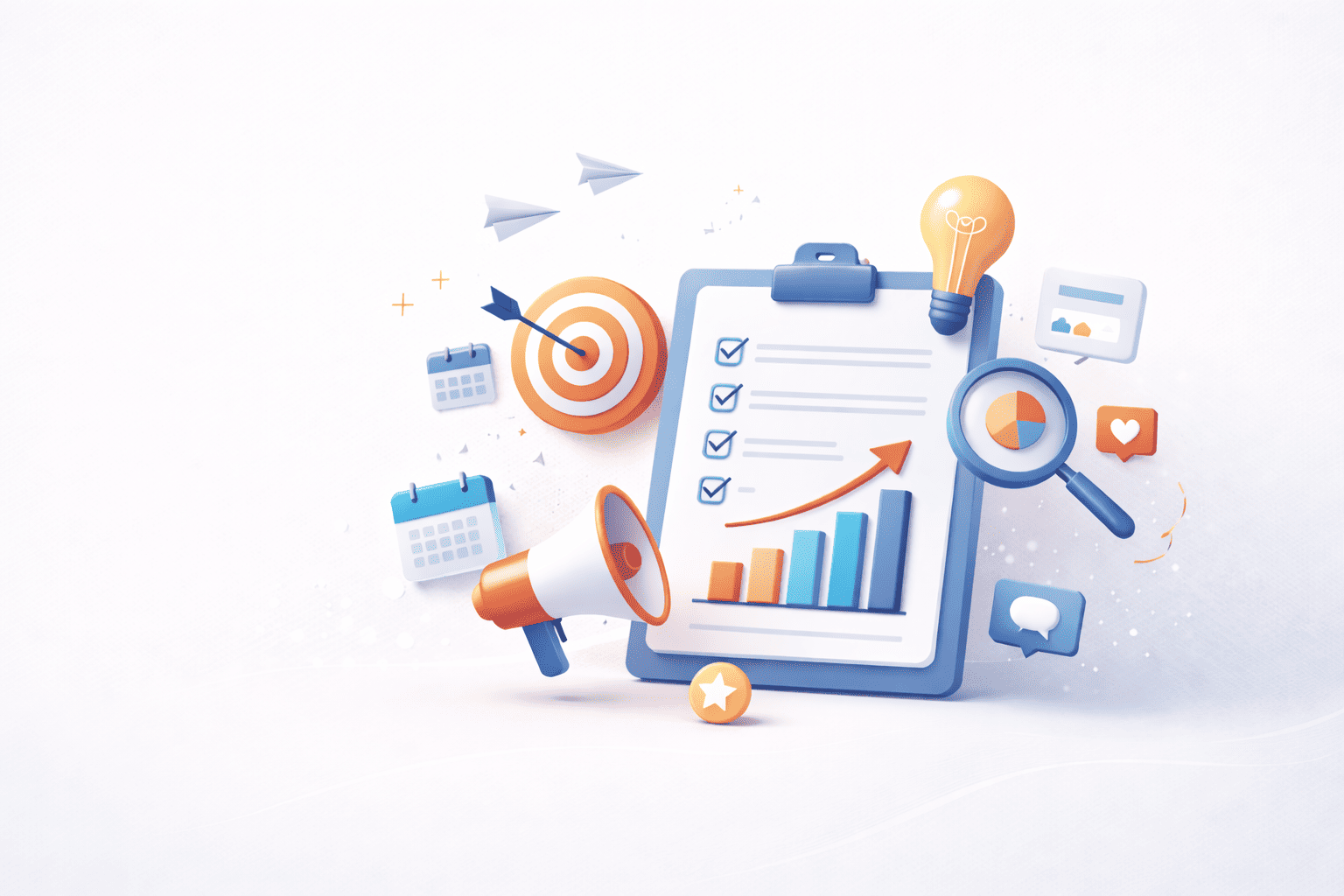 Ilustração 3D minimalista representando estratégia de conteúdo para pequenos negócios com prancheta, gráfico de crescimento, alvo, megafone e elementos de marketing digital.