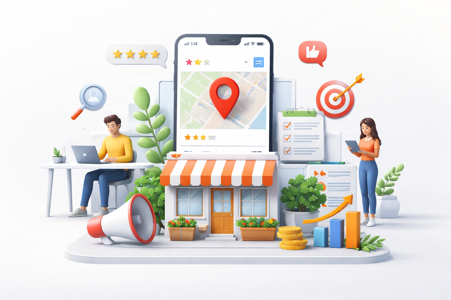 Ilustração 3D representando SEO Local com Google Maps, empresa física, avaliações e crescimento de negócios na busca local.